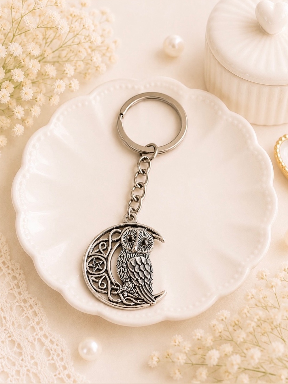 Keyring-Owl on Crescent Moon Charm Keyring-Silver Hardware-NWOT